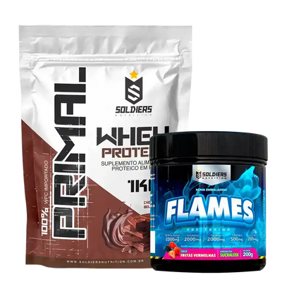 Kit suplemento alimentar com whey protein sabor chocolate e pré-treino frutas vermelhas.