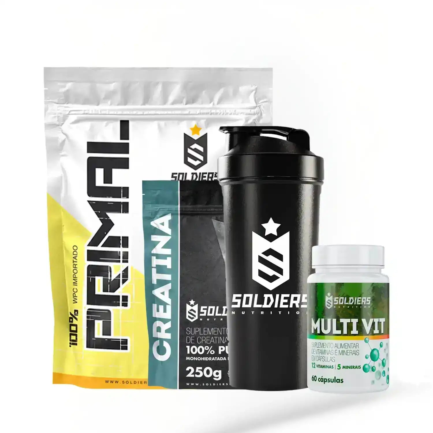 Kit de suplementos Primal, creatina, multivitamínico e coqueteleira fitness em fundo branco.