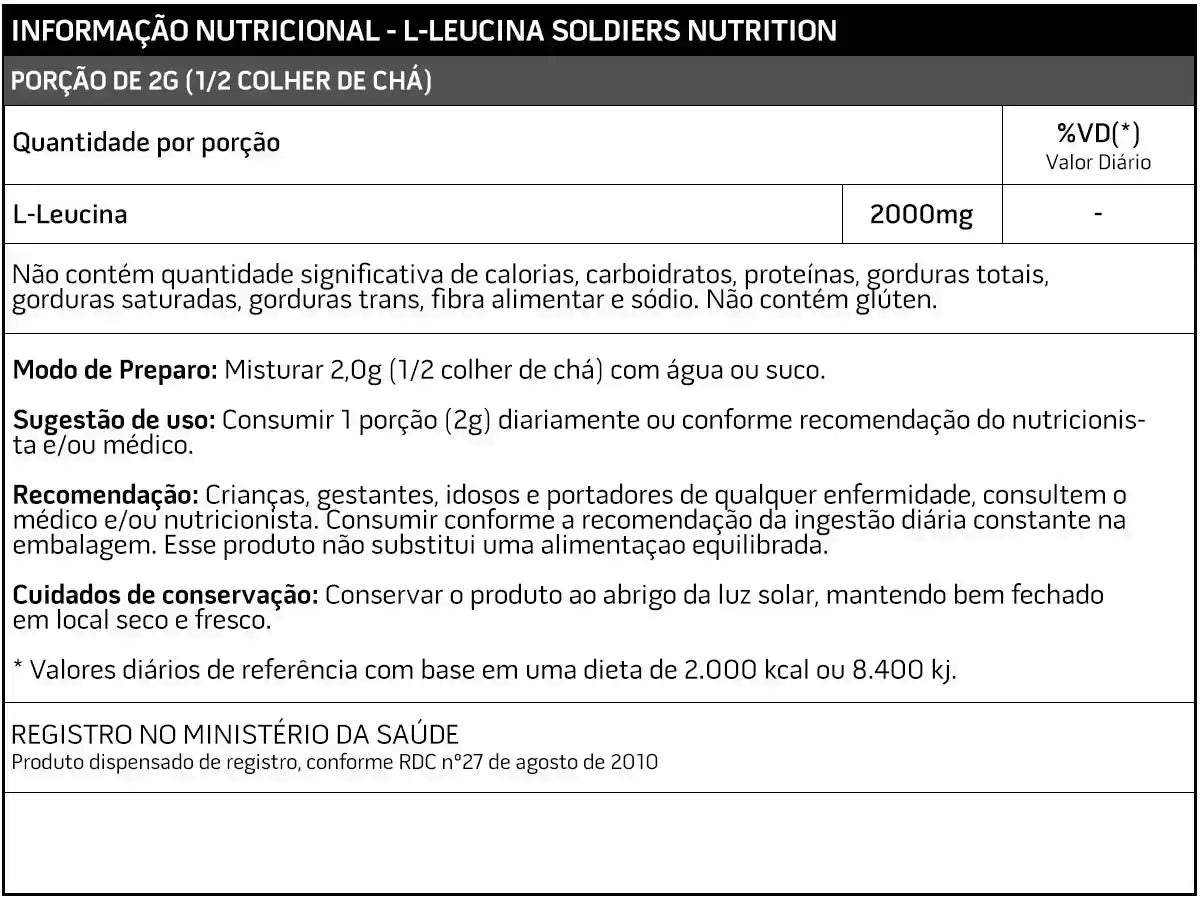 Tabela nutricional de suplemento L-Leucina 2000mg, modo de preparo e recomendações.