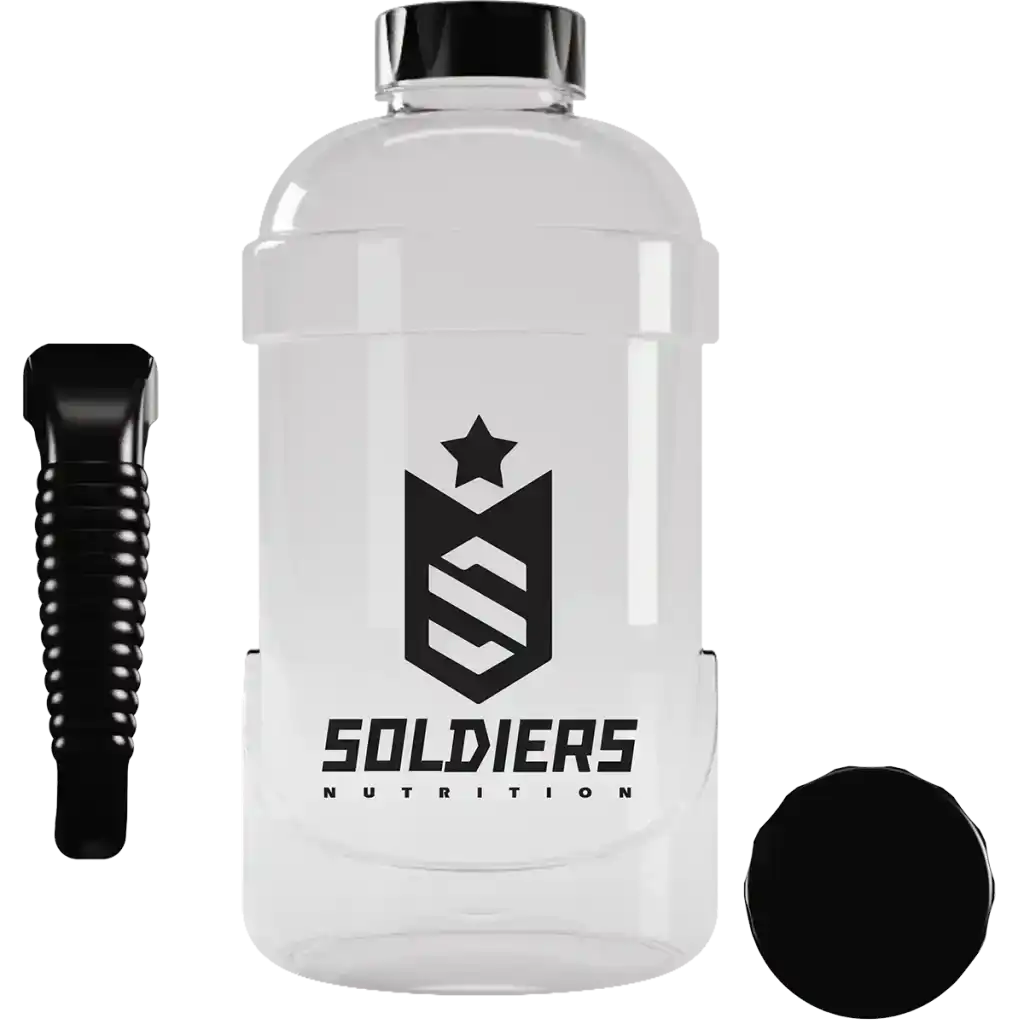 Galão transparente para água de academia com tampa preta e logo Soldiers Nutrition.