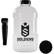 Galão transparente para água de academia com tampa preta e logo Soldiers Nutrition.