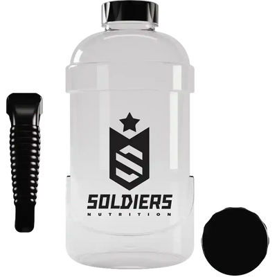 Galão transparente para água de academia com tampa preta e logo Soldiers Nutrition.