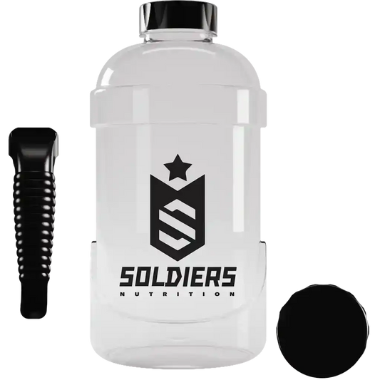 Galão transparente para água de academia com tampa preta e logo Soldiers Nutrition.
