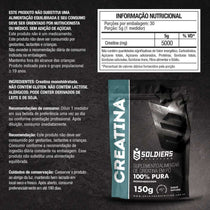 Embalagem de creatina monohidratada em pó 100% pura, suplemento alimentar, 150g, sabor natural.