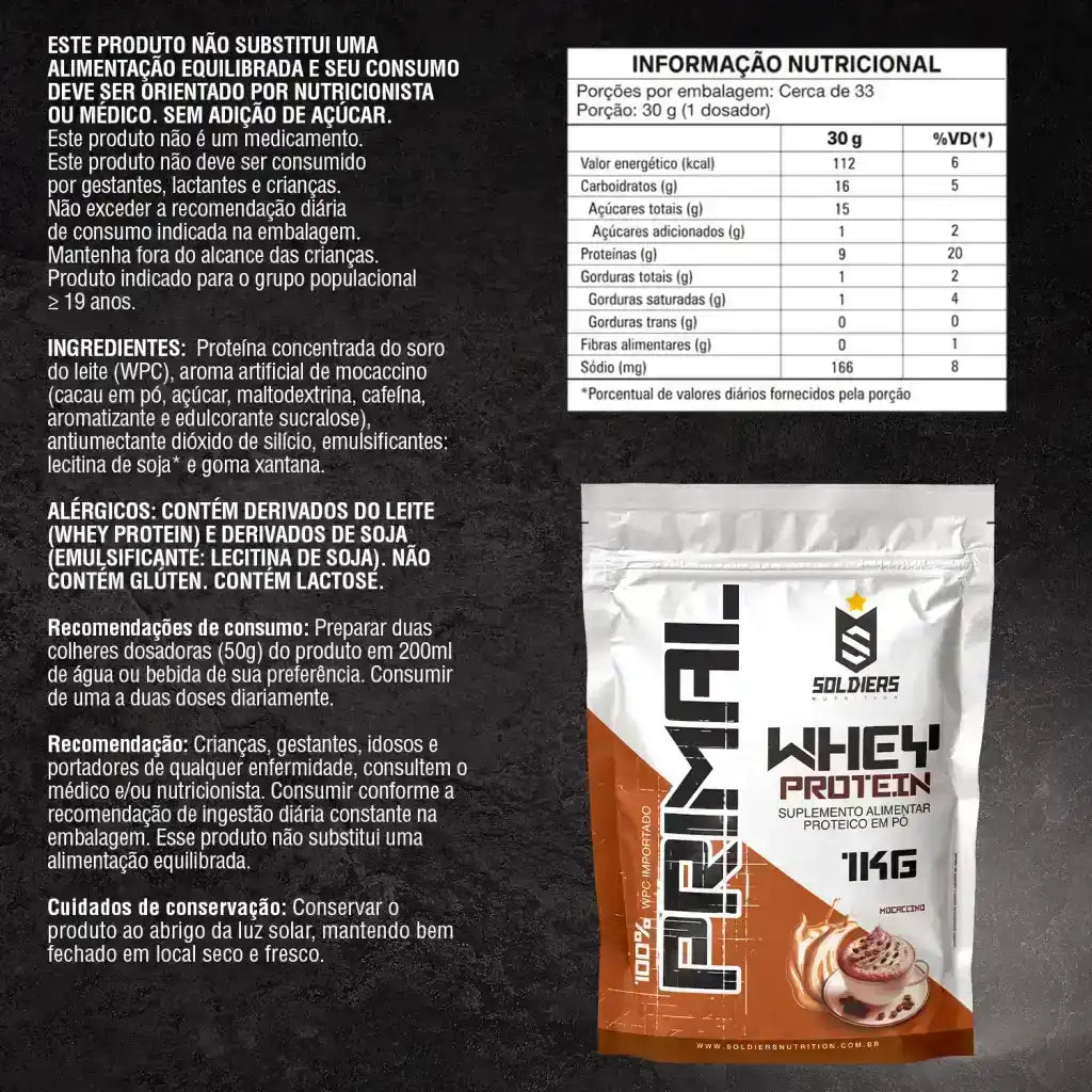 Embalagem de suplemento alimentar whey protein sabor mocaccino de 1kg, com tabela nutricional.