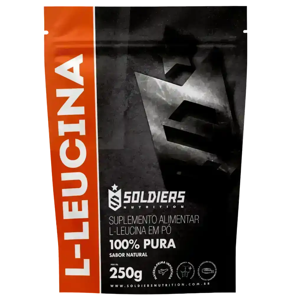 Embalagem de suplemento alimentar L-Leucina em pó, 100% pura, 250g, sabor natural.