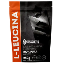 Embalagem de suplemento alimentar L-Leucina em pó, 100% pura, 250g, sabor natural.