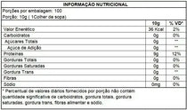 Tabela de informação nutricional de suplemento, destacando proteínas, carboidratos e calorias por porção.