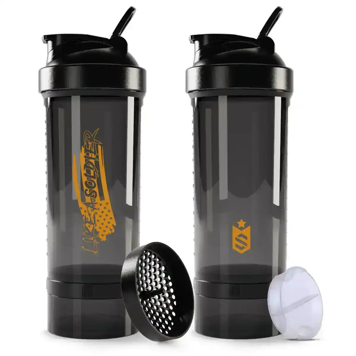 Shaker preto para suplementos com tampa, peneira e compartimento, design moderno esportivo.