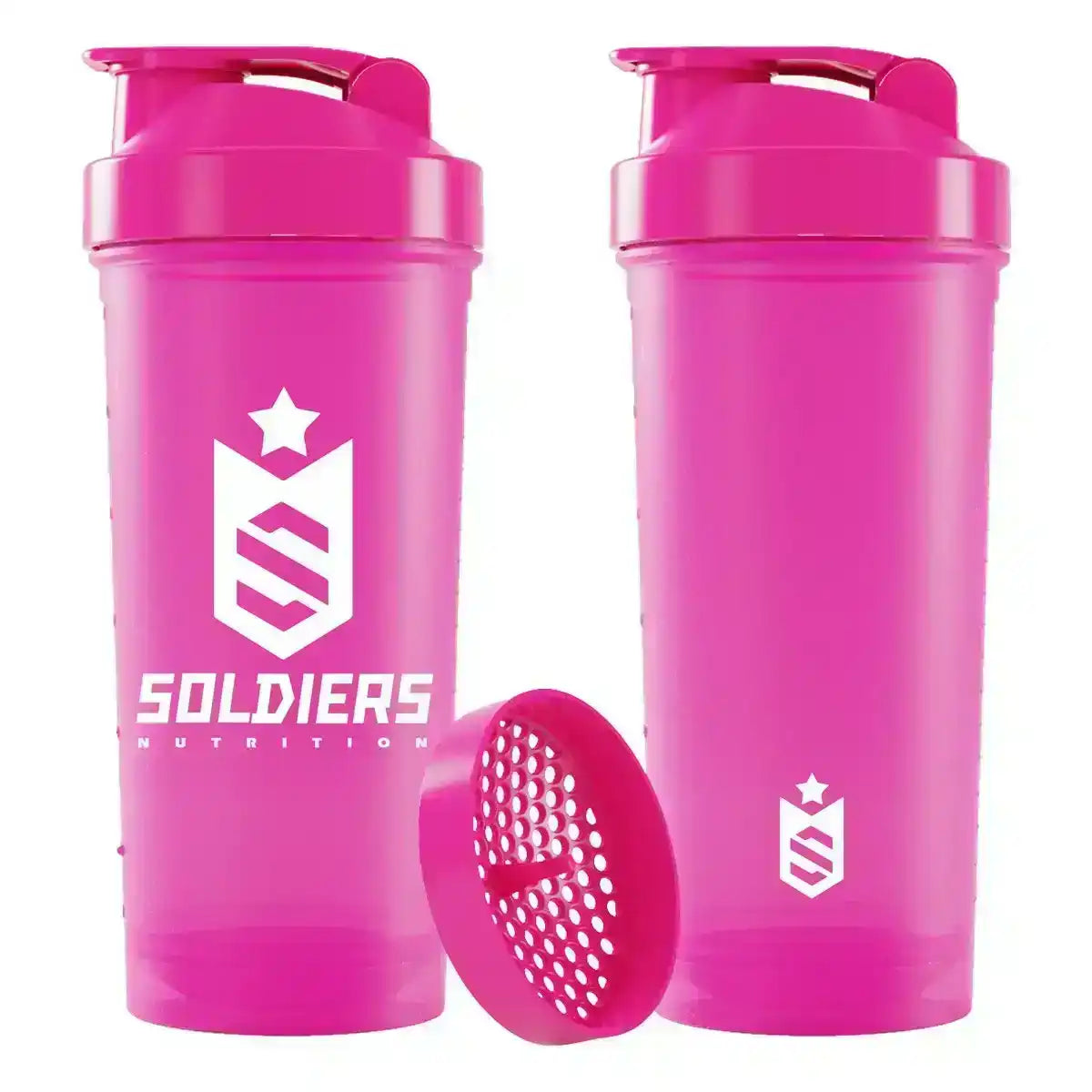 Dois copos shaker rosa para suplemento com tampa e misturador destacável, design moderno.