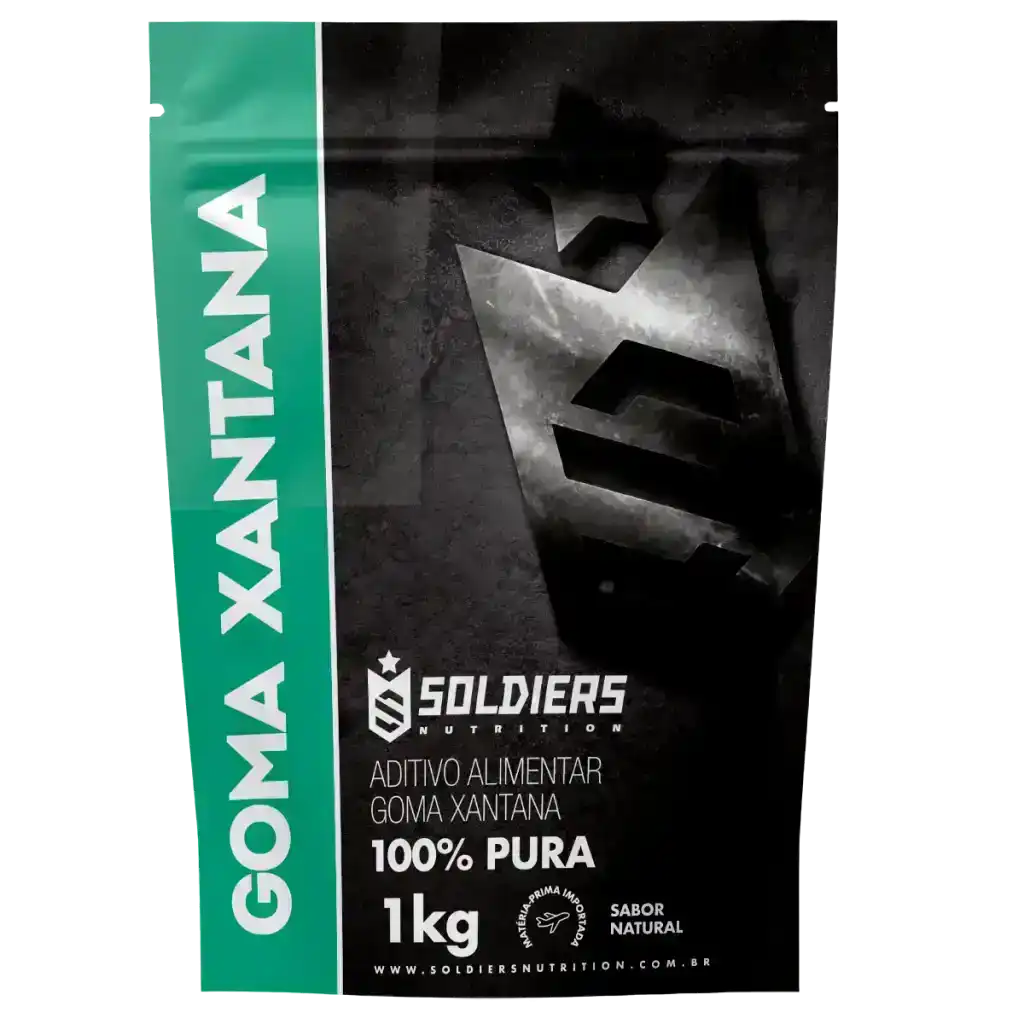 Embalagem de goma xantana 1kg, aditivo alimentar pura, sabor natural, rótulo preto e verde.