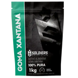 Embalagem de goma xantana 1kg, aditivo alimentar pura, sabor natural, rótulo preto e verde.