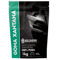 Embalagem de goma xantana 1kg, aditivo alimentar pura, sabor natural, rótulo preto e verde.