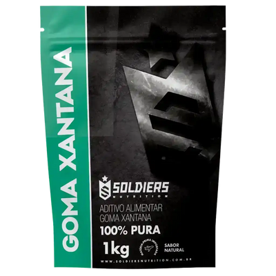Embalagem de goma xantana 1kg, aditivo alimentar pura, sabor natural, rótulo preto e verde.