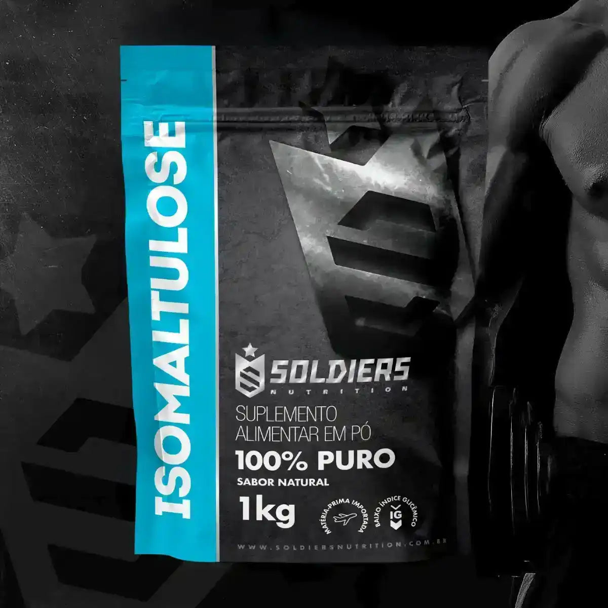 Embalagem de suplemento Isomaltulose 100% puro em pó, 1kg, sabor natural, sobre fundo preto com silhueta de atleta.
