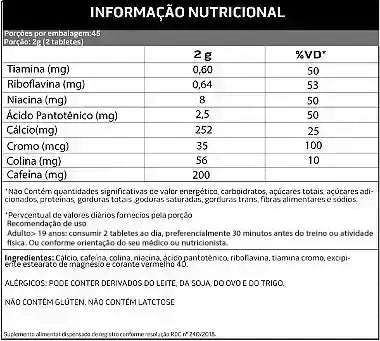 Tabela de informação nutricional de suplemento alimentar com vitaminas, minerais e cafeína.