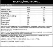Tabela de informação nutricional de suplemento alimentar com vitaminas, minerais e cafeína.
