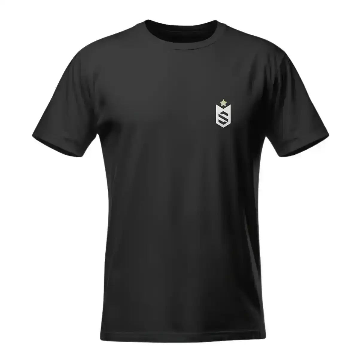 Camiseta preta masculina fitness com estampa de escudo e estrela no peito, moda esportiva