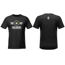Camiseta preta fitness com estampa de estrela e inscrição Nutrition na frente, vista frente e costas.
