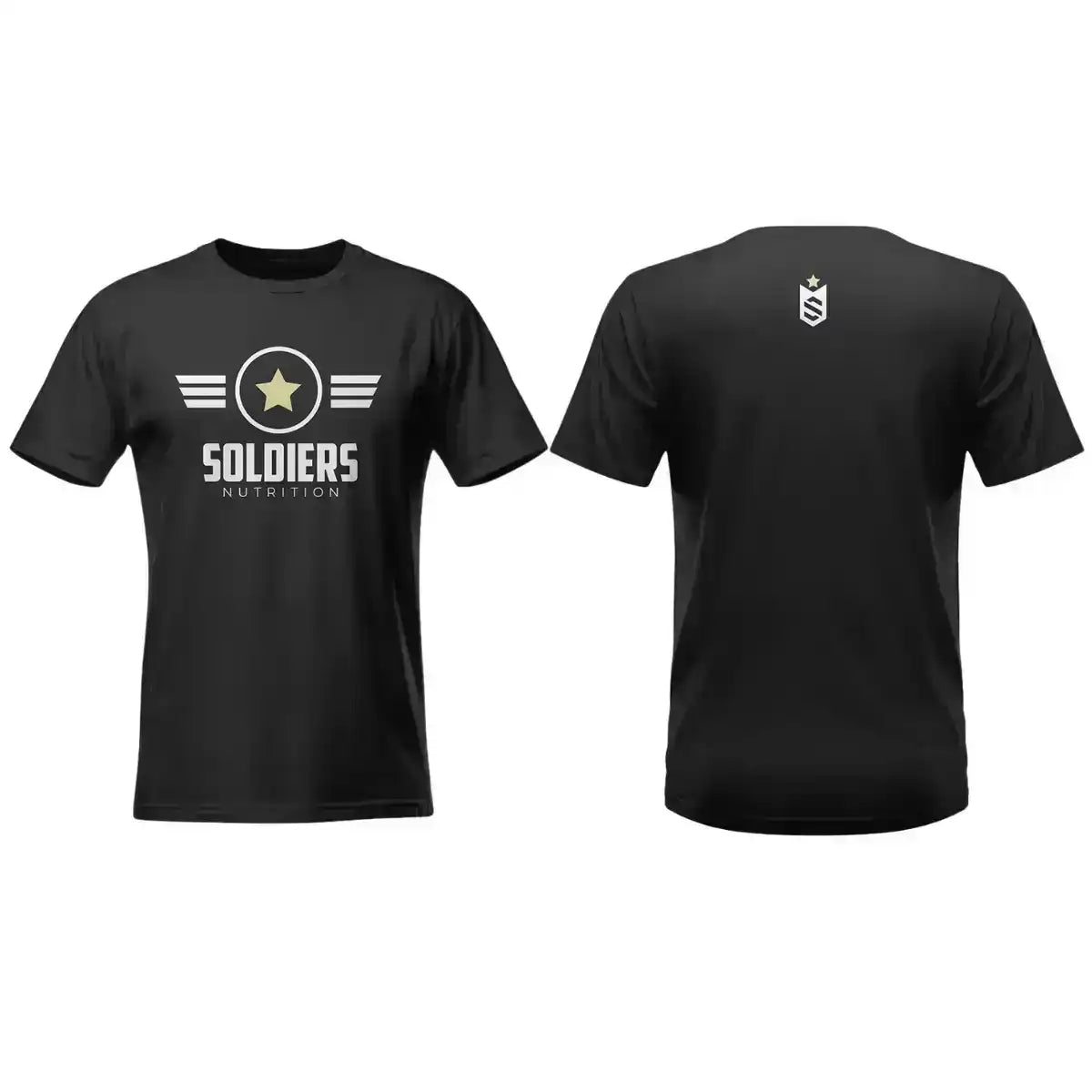 Camiseta preta fitness com estampa de estrela e logotipo Soldiers Nutrition na frente e símbolo nas costas.