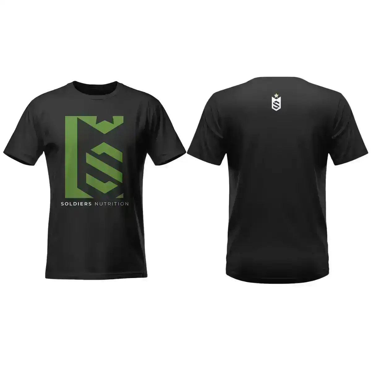 Camiseta preta fitness com estampa verde geométrica na frente e símbolo pequeno nas costas