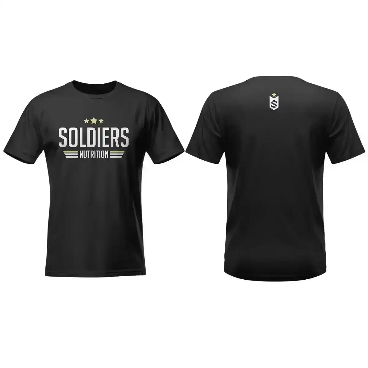 Camiseta preta masculina com estampa Soldiers Nutrition na frente, vista frontal e traseira.