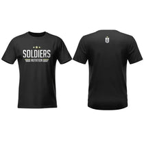 Camiseta preta masculina com estampa Soldiers Nutrition na frente, vista frontal e traseira.