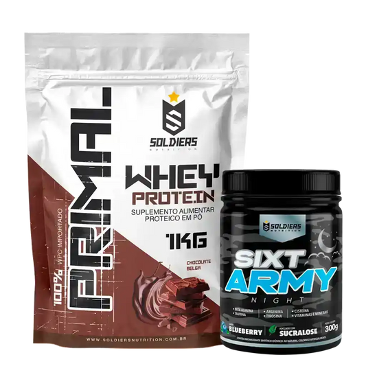 Combo de suplementos alimentares: whey protein chocolate belga 1kg e Sixt Army Night blueberry.