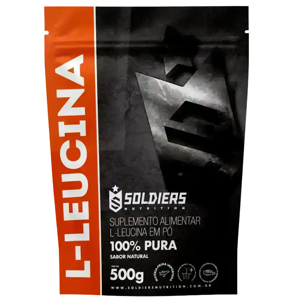 Embalagem de suplemento alimentar L-Leucina em pó 100% pura, 500g, sabor natural.