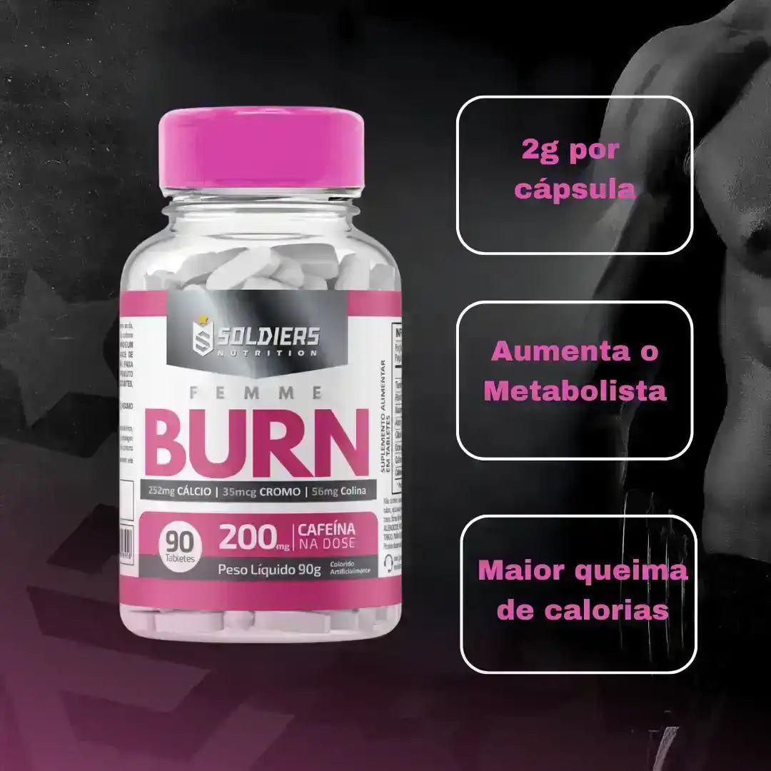 Suplemento Femme Burn com 200mg de cafeína, frasco rosa, benefícios para metabolismo e calorias.