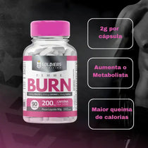 Suplemento Femme Burn com 200mg de cafeína, frasco rosa, benefícios para metabolismo e calorias.