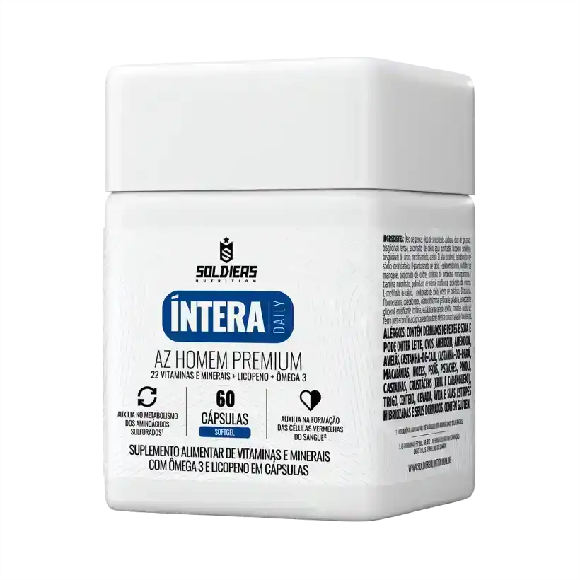 Pote branco de suplemento alimentar masculino com 60 cápsulas, rico em vitaminas, minerais, licopeno e ômega 3.