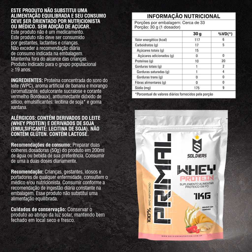 Embalagem de Whey Protein sabor banana e morango, suplemento alimentar, com tabela nutricional.