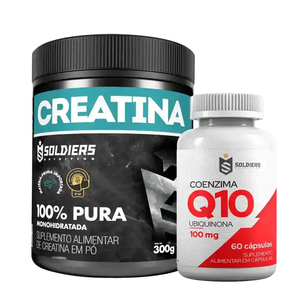 Pote de creatina monohidratada 100% pura 300g ao lado de frasco de coenzima Q10 100mg, ambos suplementos.