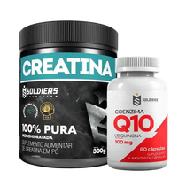 Pote de creatina monohidratada 100% pura 300g ao lado de frasco de coenzima Q10 100mg, ambos suplementos.