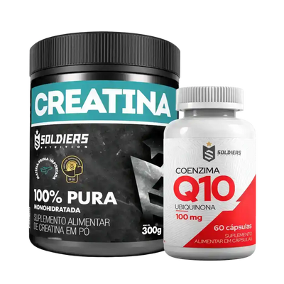 Pote de creatina monohidratada 100% pura 300g ao lado de frasco de coenzima Q10 100mg, ambos suplementos.