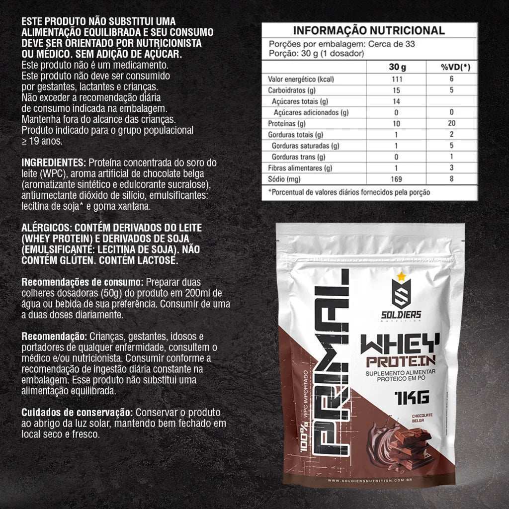 Embalagem de whey protein sabor chocolate com tabela nutricional e informações de ingredientes, proteína em pó.