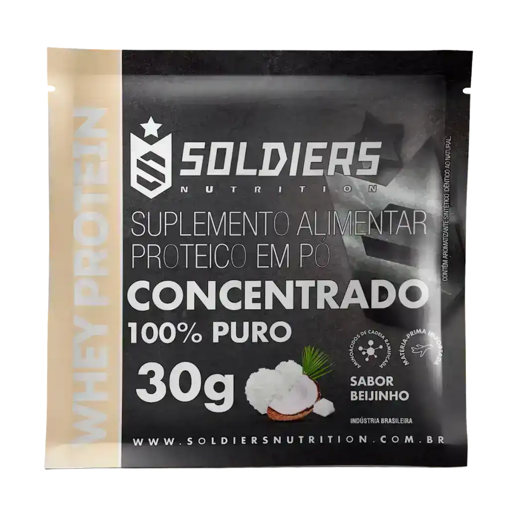 Suplemento alimentar proteico em pó whey protein sabor beijinho, embalagem 30g, imagem de coco.