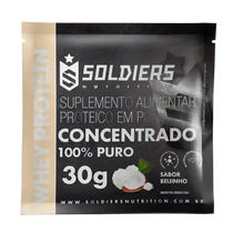 Suplemento alimentar proteico em pó whey protein sabor beijinho, embalagem 30g, imagem de coco.