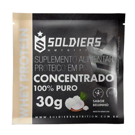 Suplemento alimentar proteico em pó whey protein sabor beijinho, embalagem 30g, imagem de coco.