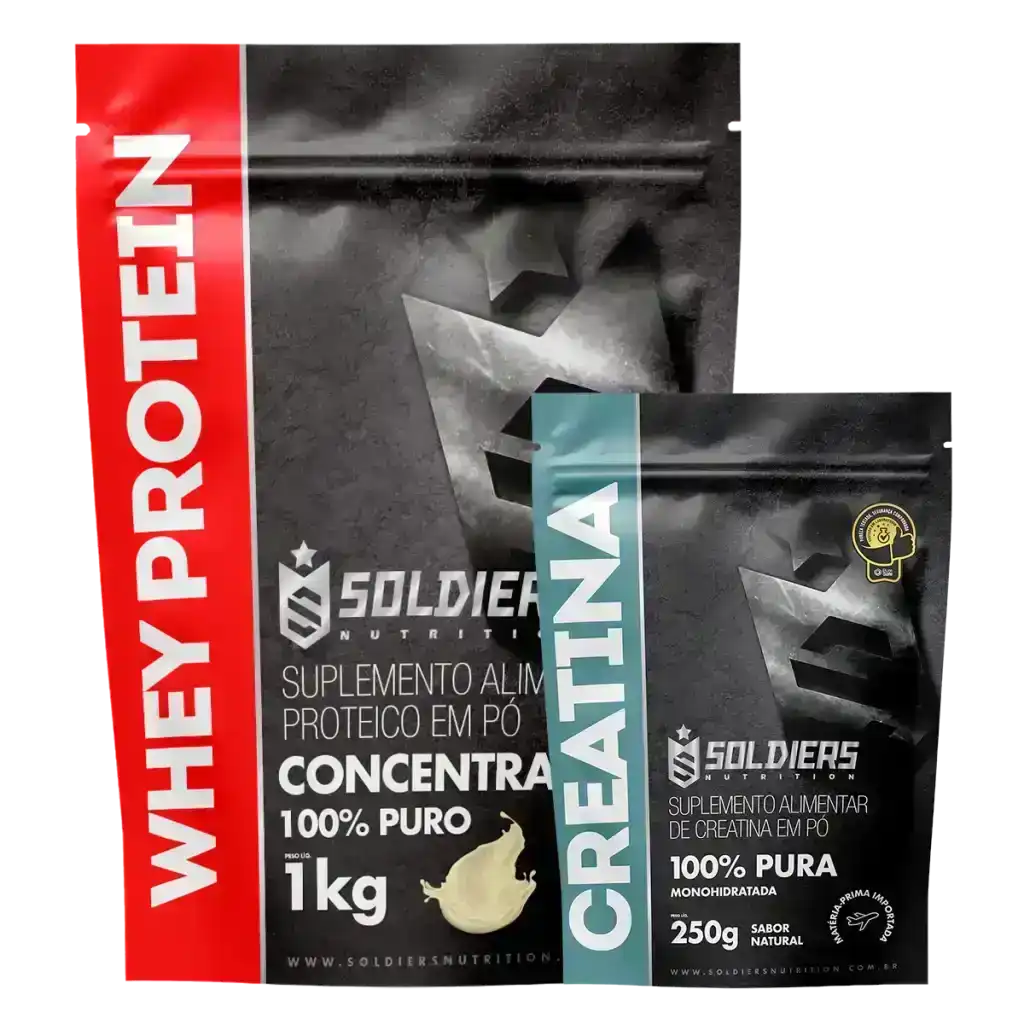 Embalagens de suplementos alimentares em pó, whey protein 1kg e creatina 250g, fundo escuro.