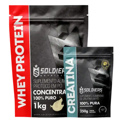 Embalagens de suplementos alimentares em pó, whey protein 1kg e creatina 250g, fundo escuro.