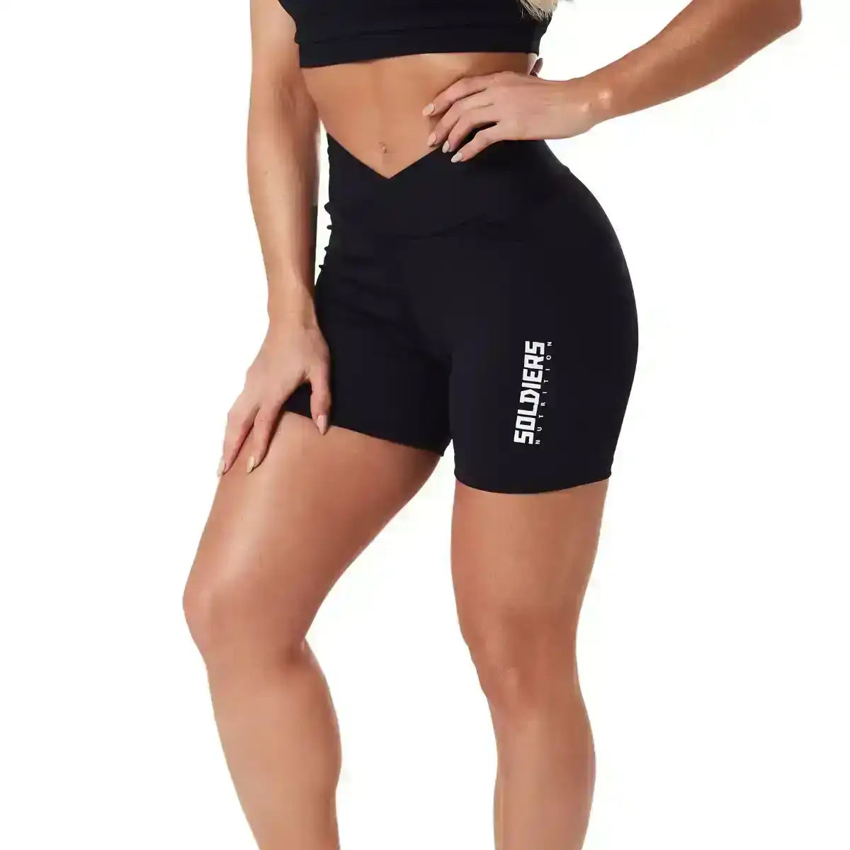 Shorts fitness preto feminino cintura alta, logo Soldiers, moda esportiva