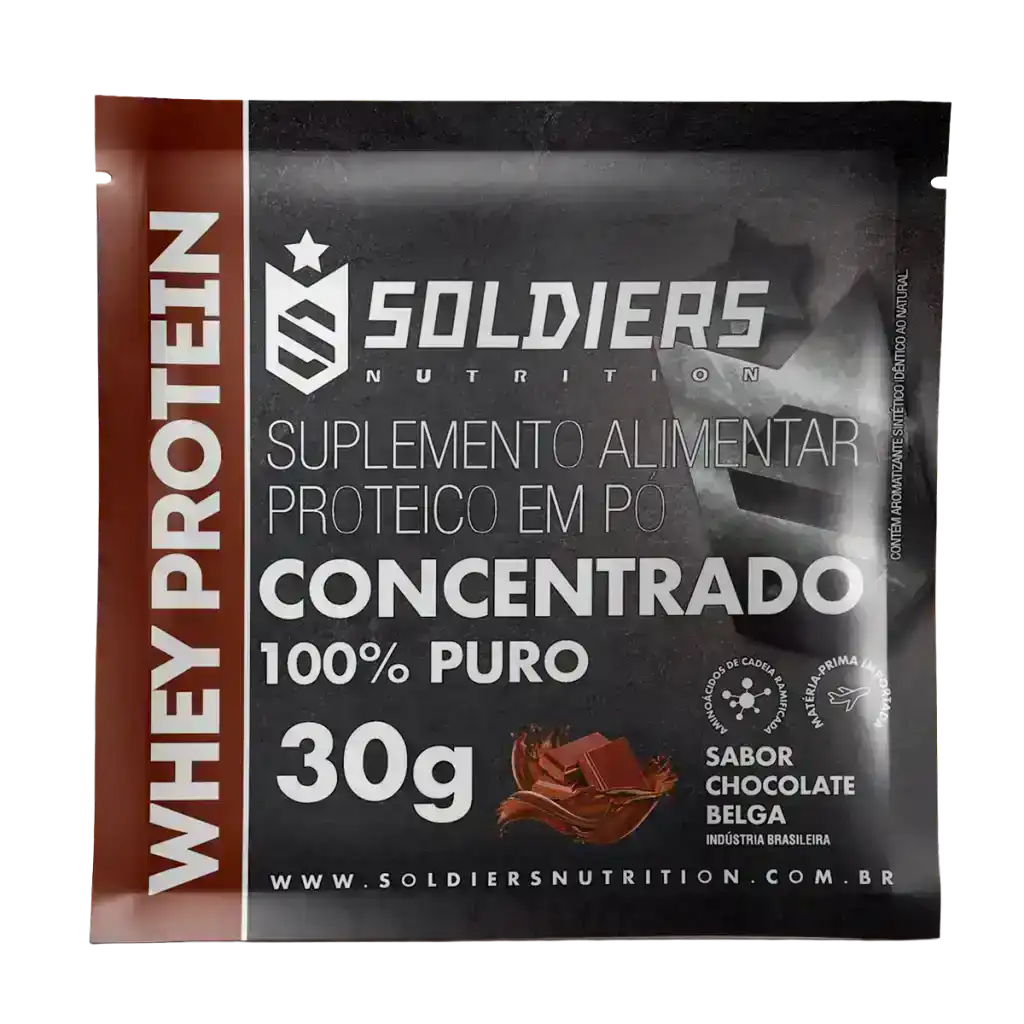 Sachê de suplemento alimentar whey protein concentrado 30g sabor chocolate belga