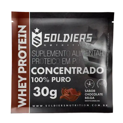 Sachê de suplemento alimentar whey protein concentrado 30g sabor chocolate belga
