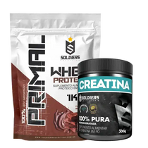 Kit de suplemento alimentar com whey protein sabor chocolate e creatina em pó.