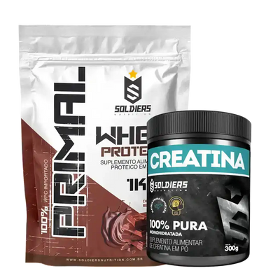 Kit de suplemento alimentar com whey protein sabor chocolate e creatina em pó.