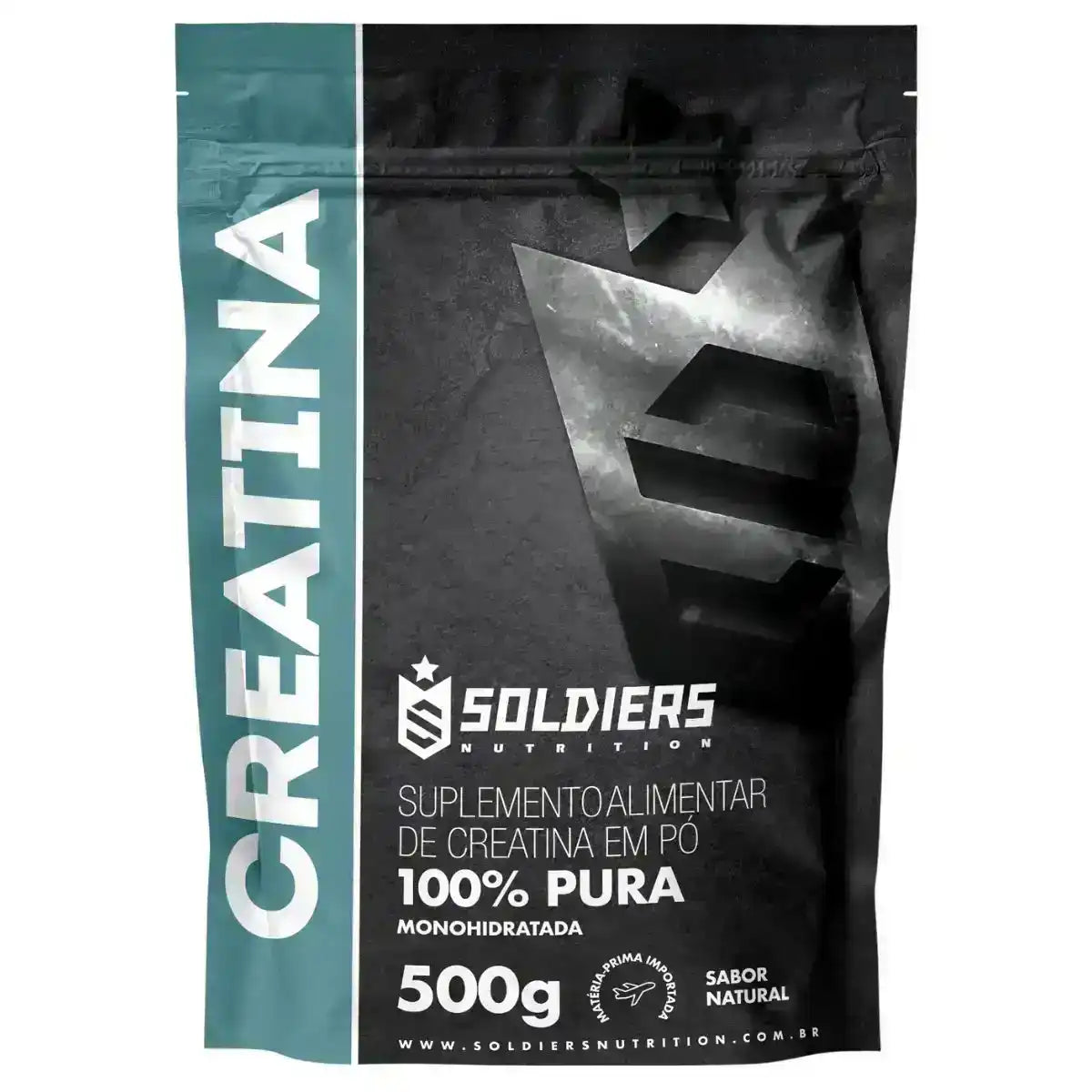 Embalagem de suplemento creatina monohidratada pura 500g, pó, sabor natural.