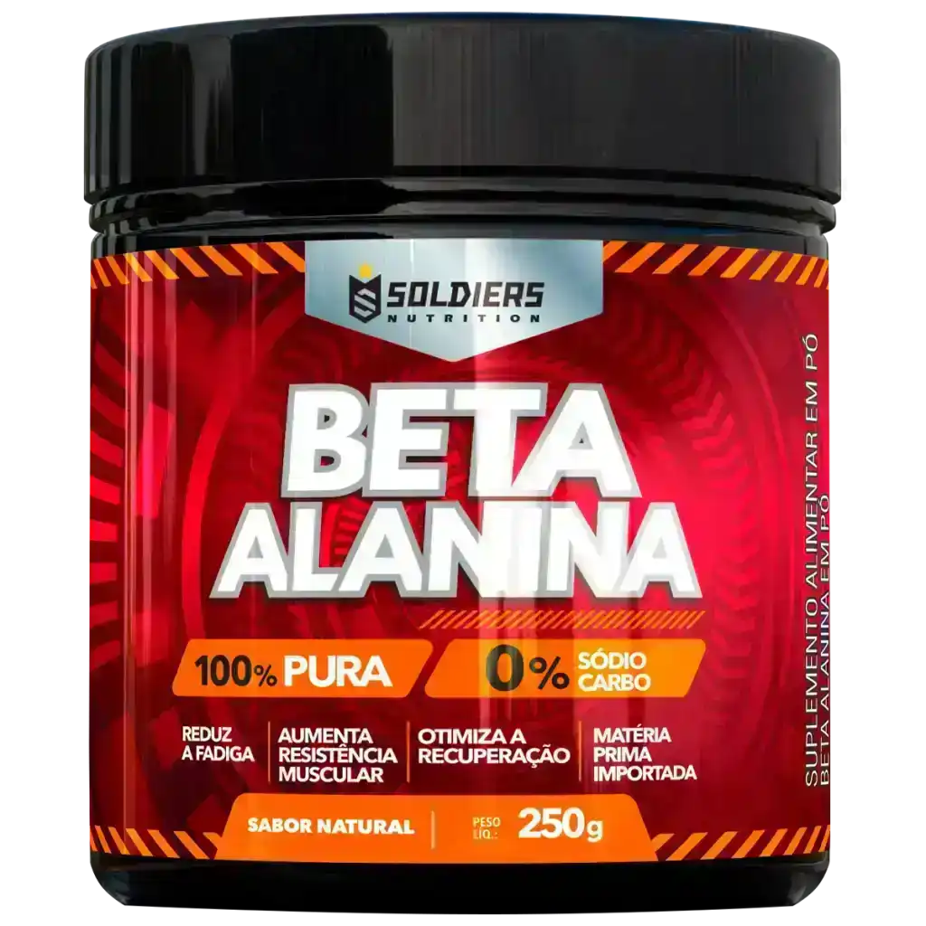 Pote de suplemento alimentar Beta Alanina em pó, 250g, 100% pura, sabor natural