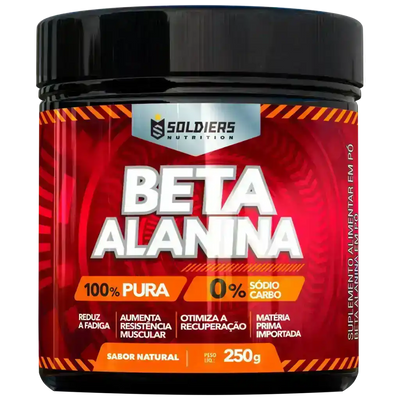 Pote de suplemento alimentar Beta Alanina em pó, 250g, 100% pura, sabor natural